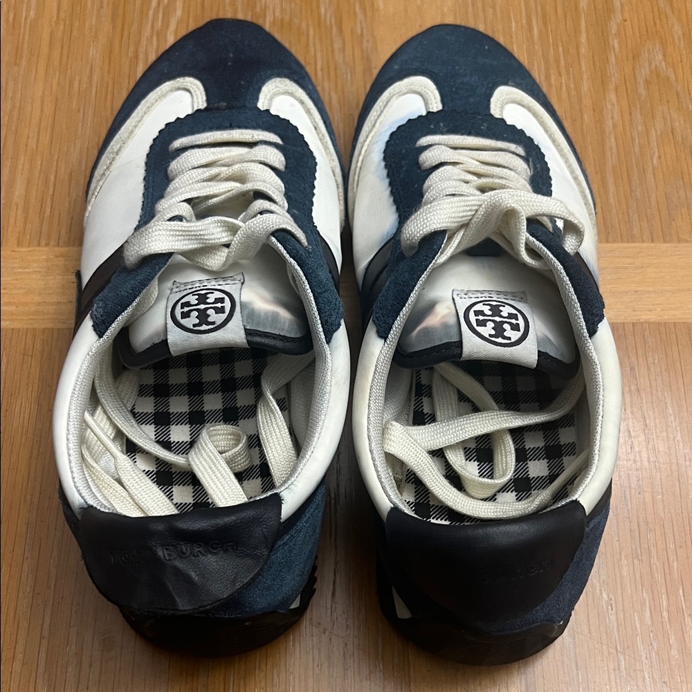 Tory Burch Ivory and Navy Gingham-Lined Lace-Up Sneakers